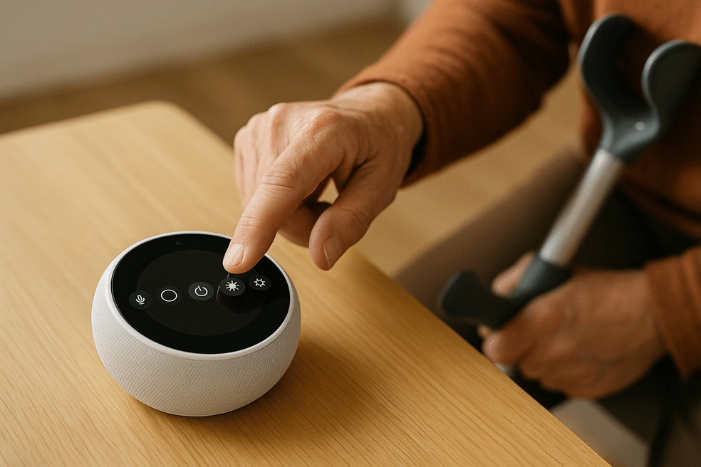 A disabled person interacting with an AI-powered device in a smart home setup.